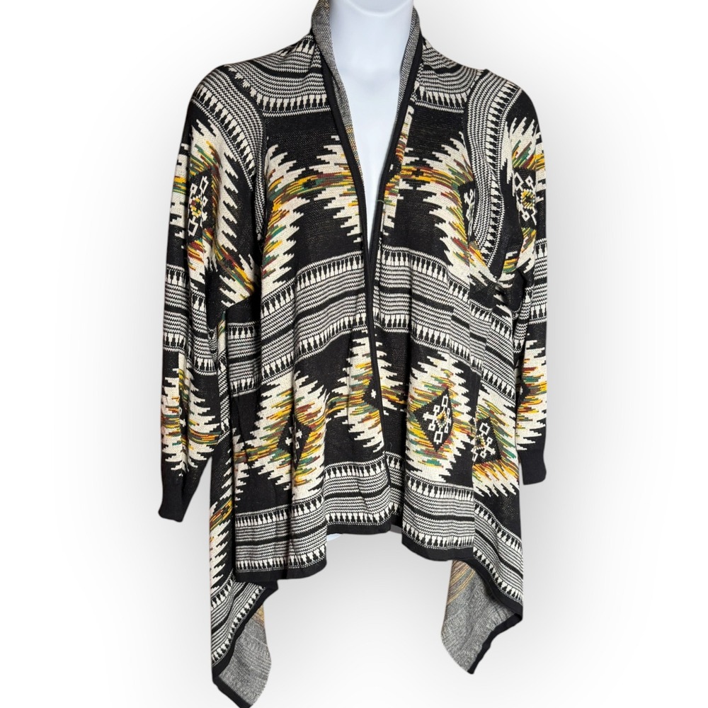 Ruff Hewn Womens 3X Southwestern Geometric Open Front Cardigan Black White Boho